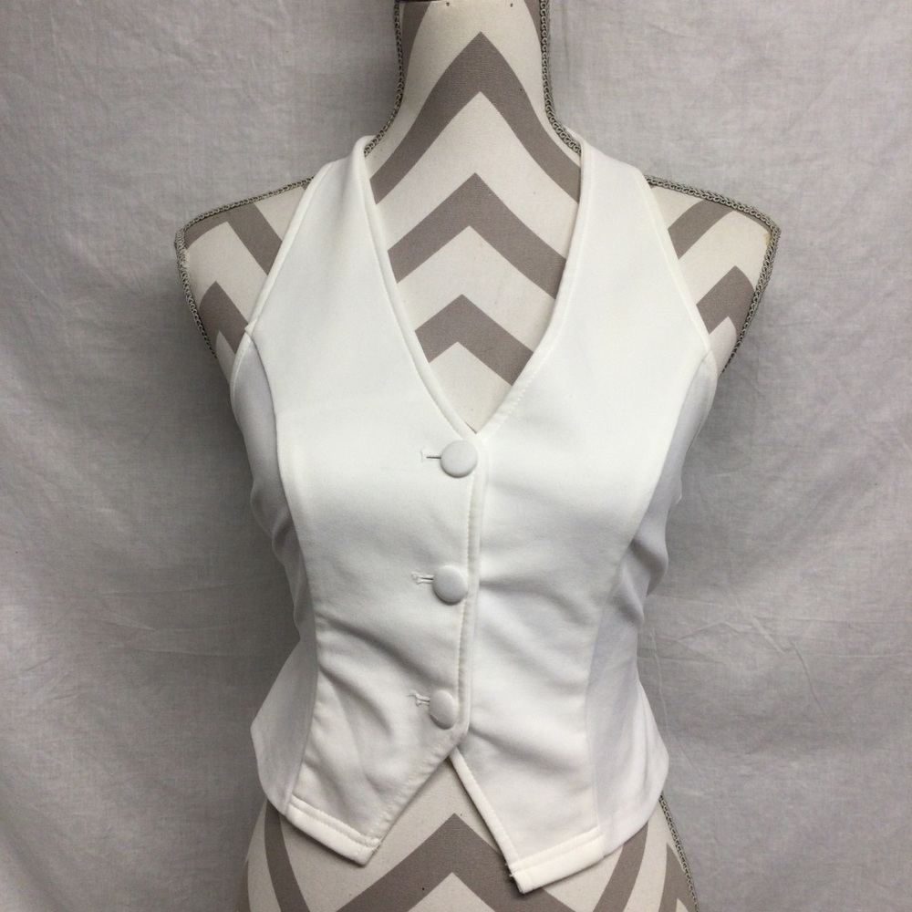 Shein Womens White Halter V-Neck Button-Front Backless Crop Vest Top